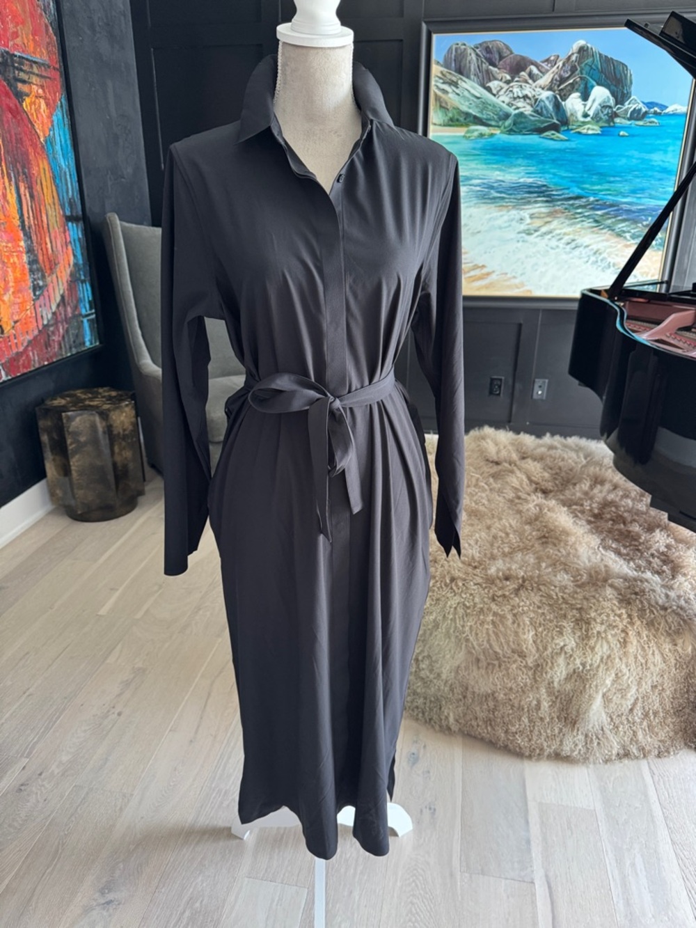 Athleta Black Midi Shirt Dress with Tie Waist